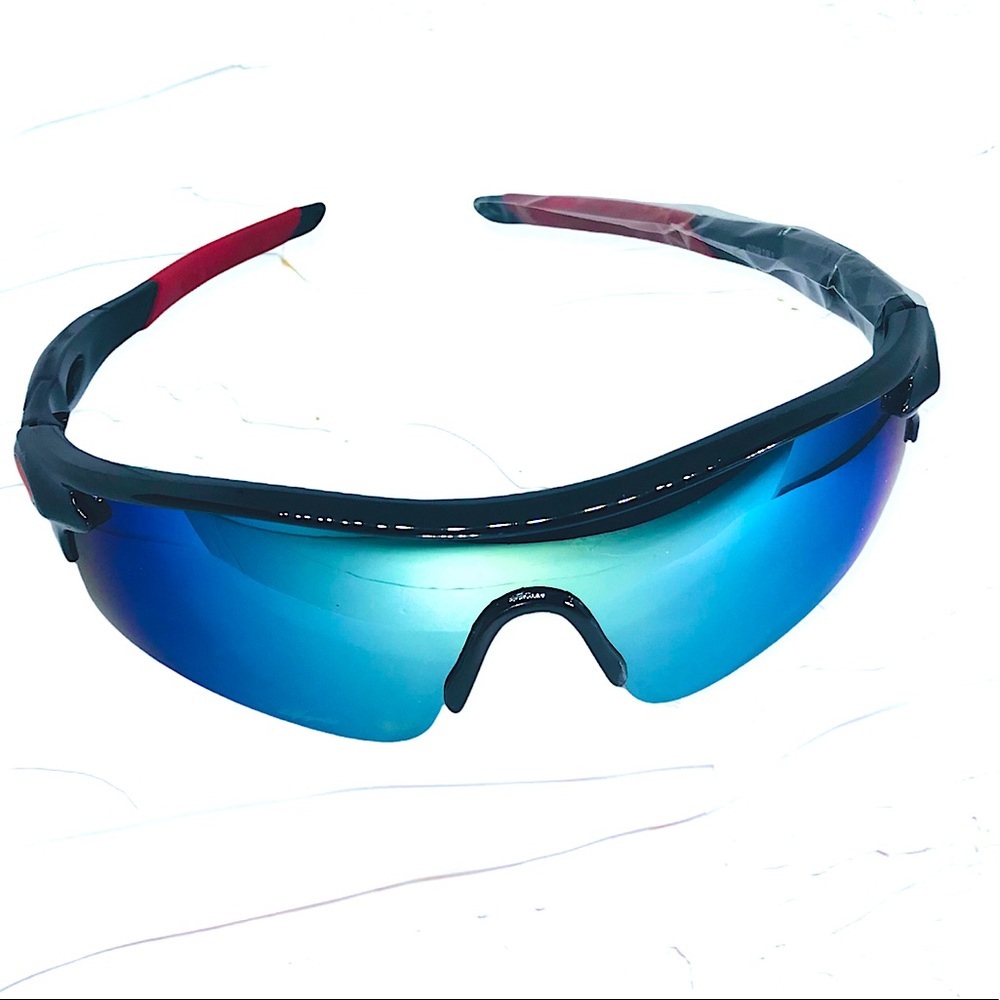 Black & Red with Blue Mirrored Sport Sunglasses UV400 Deadstock NEW NWT